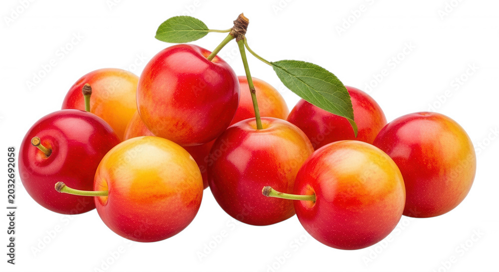 Obraz premium A cluster of ripe rainier cherries with red and yellow skin and green leaves isolated on a solid black background