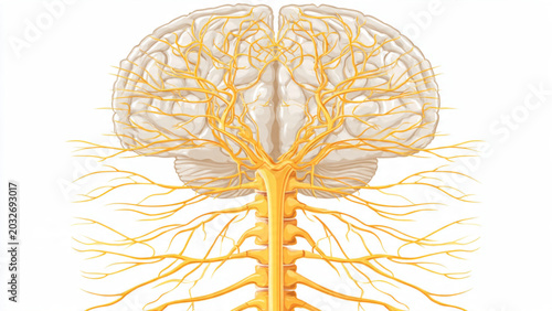 Bild auf Leinwand Detailed illustration of human brain with nerves and neural pathways in vivid ye