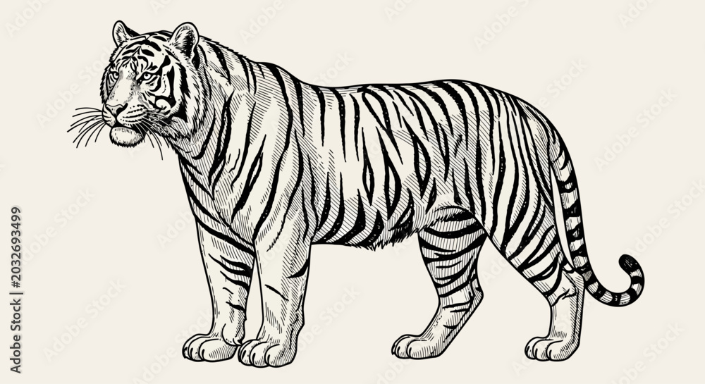 Obraz premium Black and white tiger illustration, striped animal drawing, monochrome wildlife art, vector tiger graphic