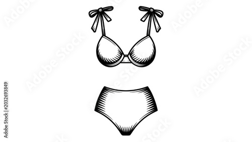 Black and white line art illustration of a retro style two piece bikini swimsuit Vector