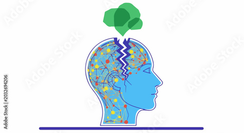 Stylized blue head profile with cracked brain network and green thoughts