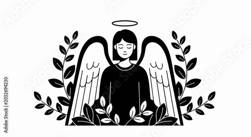 Stylized black and white illustration of an angel with wings and halo