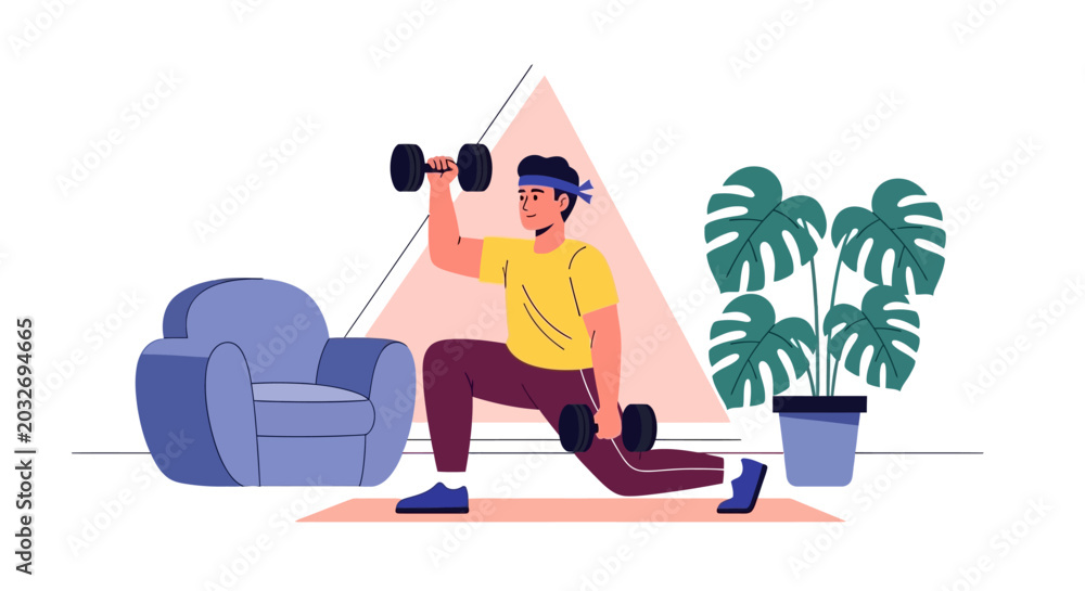 Obraz premium Vector illustration of man exercising at home with dumbbells, fitness and workout concept, healthy lifestyle, exercise equipment