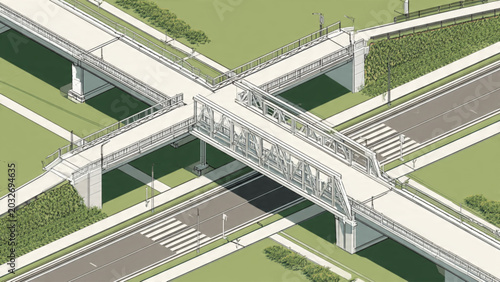 Tableau sur toile Modern white pedestrian bridge spanning a green park with multiple pathways and