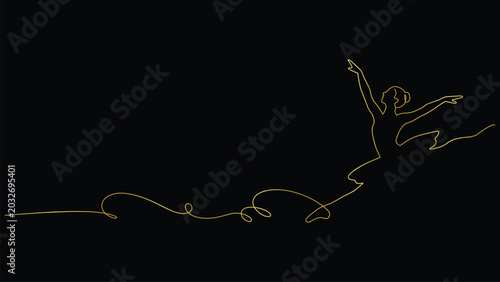 Schilderij op canvas Elegant Gold Line Art Dancer Silhouette on Black Background