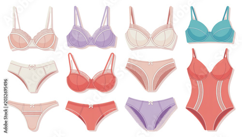 Set of colorful women lingerie bras and panties in a simple flat pixel art style Vector