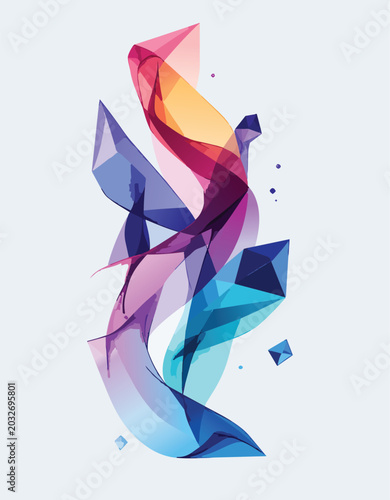 Abstract geometric colorful smoke vector background with polygon prism shards and dynamic flowing ribbon composition in modern artistic style