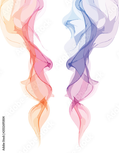 Abstract flowing colorful smoke ribbons vector background with mirrored translucent artistic vapor forms and elegant dynamic composition