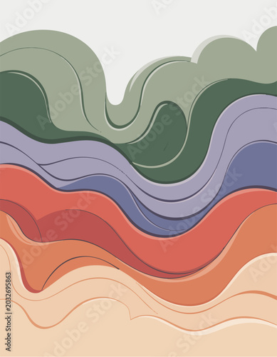 Abstract layered organic wave vector background with flowing colorful pastel contour shapes and modern minimal landscape style composition