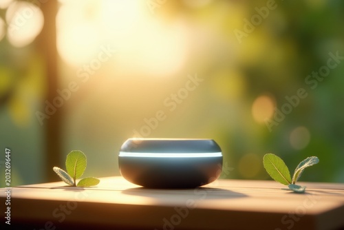 Modern smart home device on wooden table with green sprouts