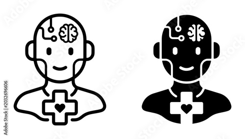 AI Humanoid Robot Icons, Artificial Intelligence Technology, Futuristic Humanoid Bot Concepts, Medical AI Symbol, Digital Brain Circuitry