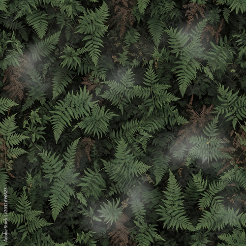 Dense forest floor with lush green ferns and undergrowth dappled sunlight filtering through canopy mysterious and serene woodland scene natural beauty and organic textures.