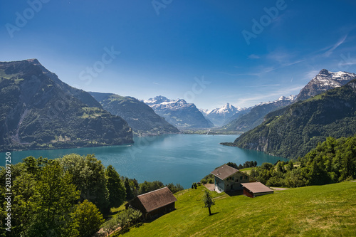 Farm in the foreground with Lake Lucerne in summer with blue sky