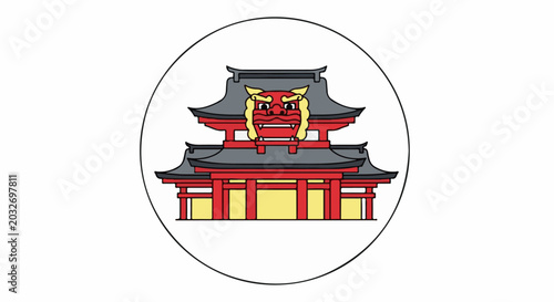 Stylized red and yellow building with a guardian lion face on top