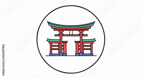 Stylized red and green torii gate with blue base inside circle