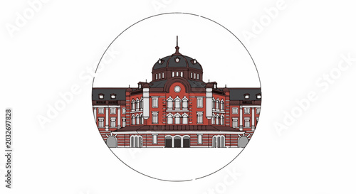 Stylized red domed building with ornate windows inside a circular frame