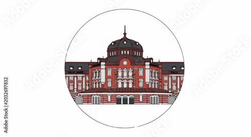 Stylized red brick building with a central dome and arched windows