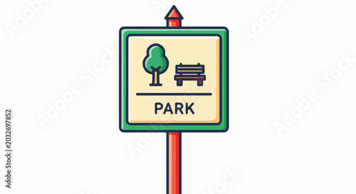 Stylized sign with a tree, bench, and the word PARK