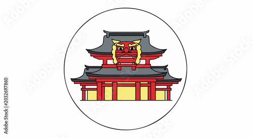 Stylized red temple with golden lion-like mask within a black circle