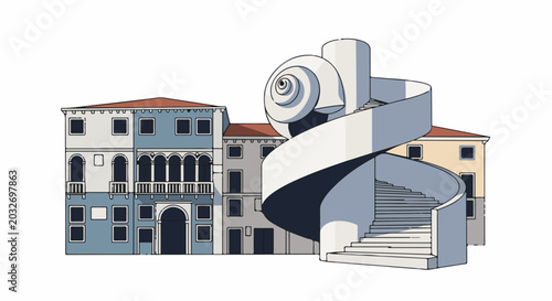 Stylized representation of a spiral staircase beside colorful buildings with arched windows