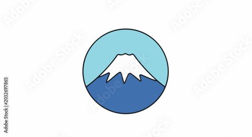 Stylized snow-capped mountain in a circle with blue sky and base