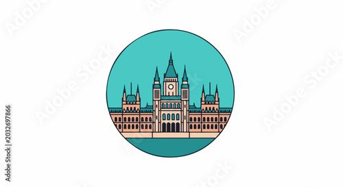 Stylized representation of a grand building with multiple towers, within a circular frame