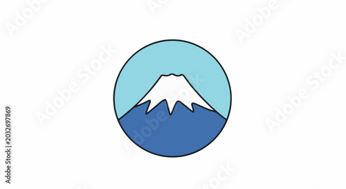 Stylized snow-capped mountain inside a circle with blue sky