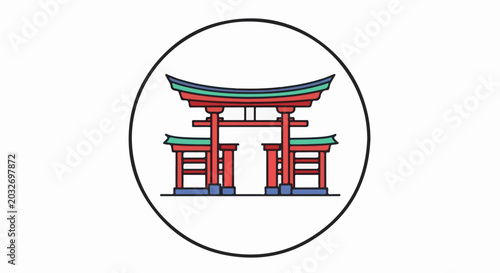 Stylized red gate structure with green and blue accents within a black circle