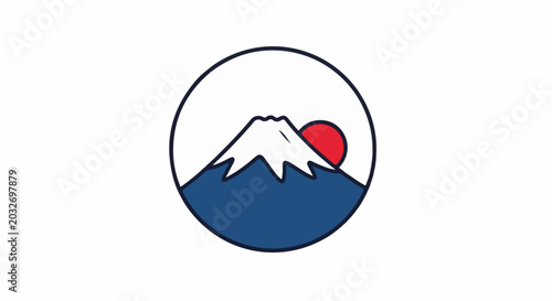 Stylized snow-capped mountain within a circle with a red sun