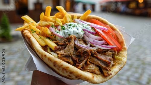 delicious greek gyros pita with shaved pork and tzatziki sauce