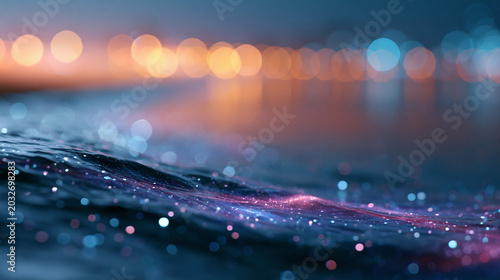 Defocused neon ocean waves with soft galaxy, futuristic beach atmospheric haze technology, surreal fantasy coastline blurred reflection, dreamlike starry night, gentle glow,