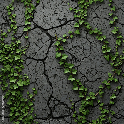 A natural green ivy climbing on dry dark gray cracked earth pattern background texture in an outdoor setting concept with copy space.