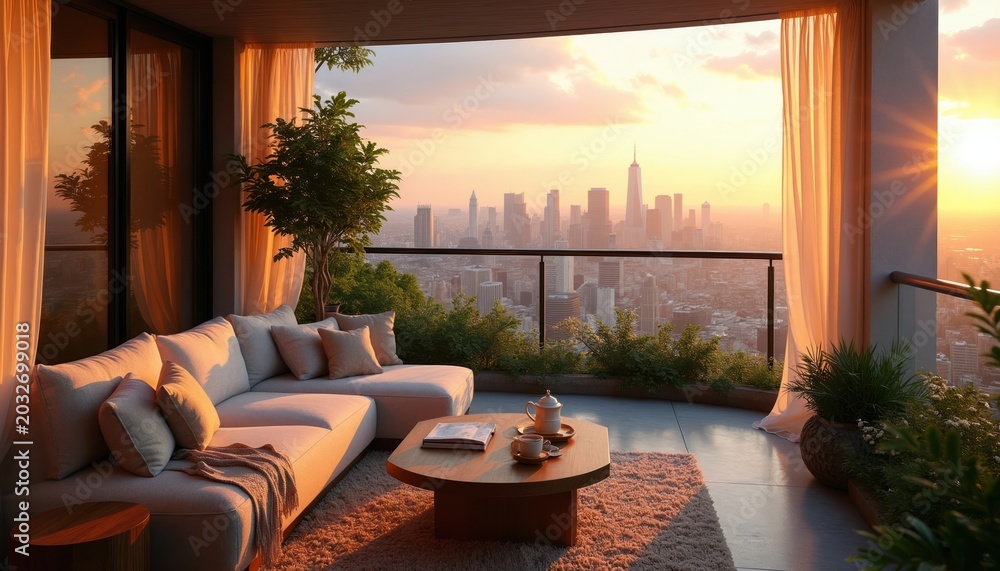 Fototapeta premium Modern apartment balcony lounge area with sofa, coffee table overlooks city skyline at sunset. Outdoor terrace with plush furniture, potted plants provides comfortable relaxation space with amazing