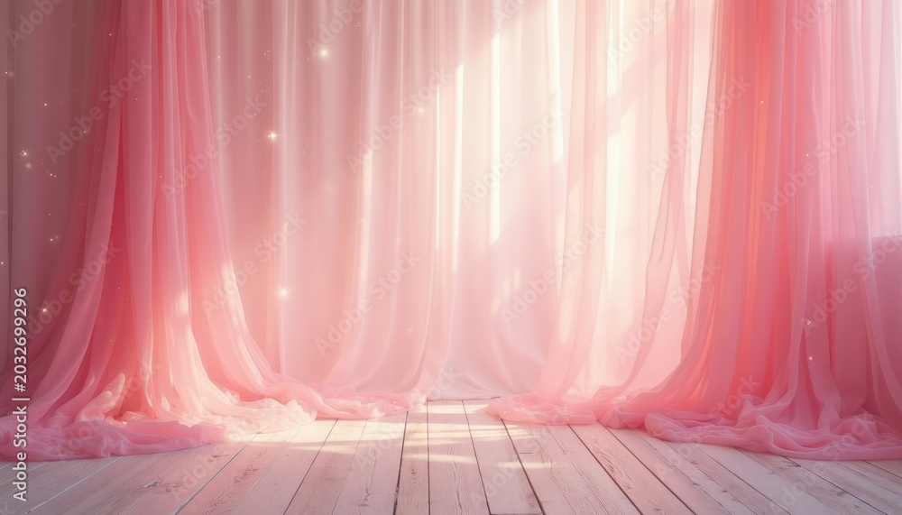 Obraz premium Soft pink sheer drapes create a dreamy backdrop with subtle sparkles. Gentle light filters through fabric, illuminating a wooden floor. Perfect for fantasy, wedding, or baby shower scenes.