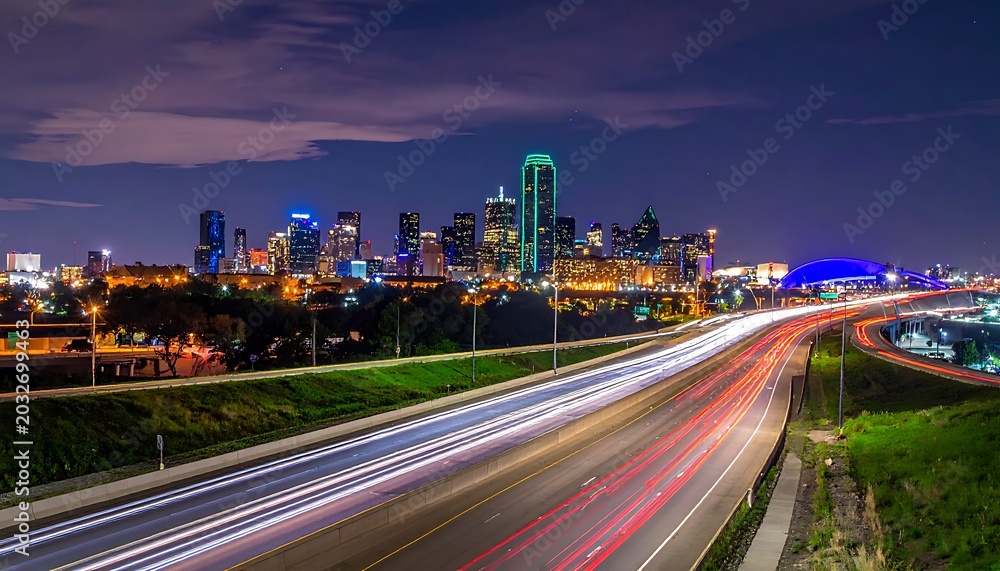 Fototapeta premium Cityscape at night with highway traffic.