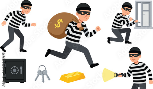 Bild auf Leinwand Cartoon Thief and Burglar Vector Character Set with Robber Running with Money Ba