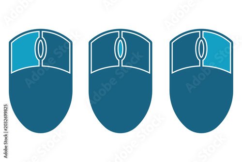 three blue computer mice with illuminated scroll wheels and distinct left and right click button highlights vector design