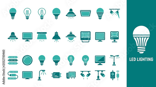 Photos Collection of LED lighting and illumination technology icons for various applica