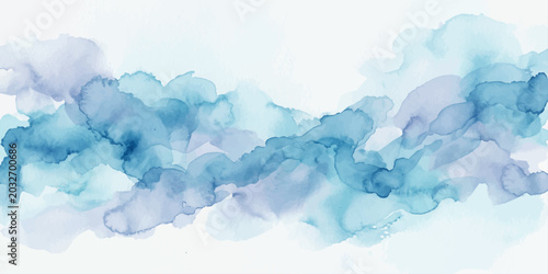 Fotografía Abstract watercolor painting of a bright blue sky with fluffy white clouds on a