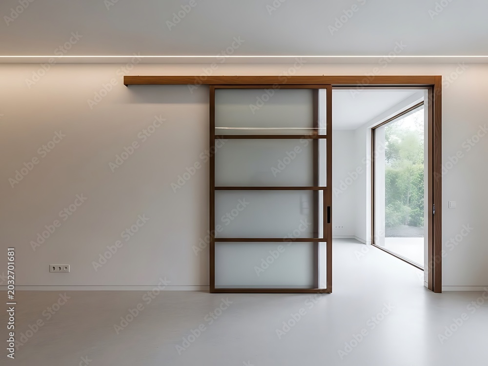 Fototapeta premium Modern Interior with Wooden Sliding Door and Frosted Glass Panels