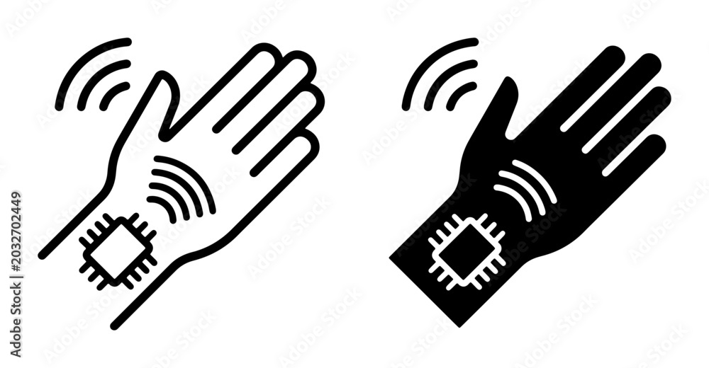 Obraz premium Human Hand with Embedded Microchip and Wireless Signal Icons, Technology Concept Vector Illustrations