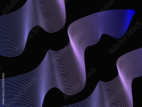 Fotografía Abstract digital artwork featuring undulating, wavy lines in a gradient of purple and blue against a black background