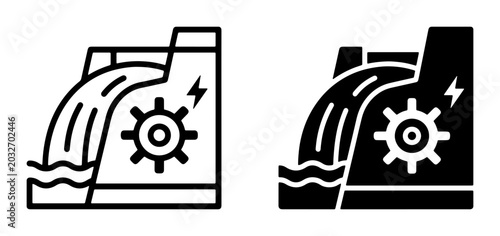 Fotografía Hydroelectric Power Plant Icons, Renewable Energy Generation, Water Turbine Symb