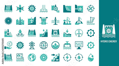Bild auf Leinwand Set of Hydro Energy Icons Representing Renewable Power Generation and Sustainabl