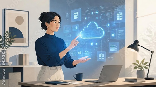 A professional woman interacting with digital cloud computing interface inside a minimalist scandinavian office, depicting modern work and future technology trends in a cinematic widescreen compositio