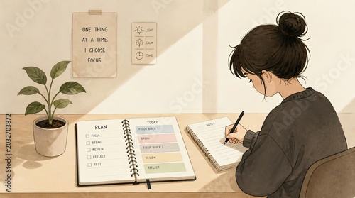 A serene woman calmly placing a single plant beside a tidy workspace, featuring organized planners and minimalist aesthetic, capturing a focused and peaceful atmosphere for daily planning productivity