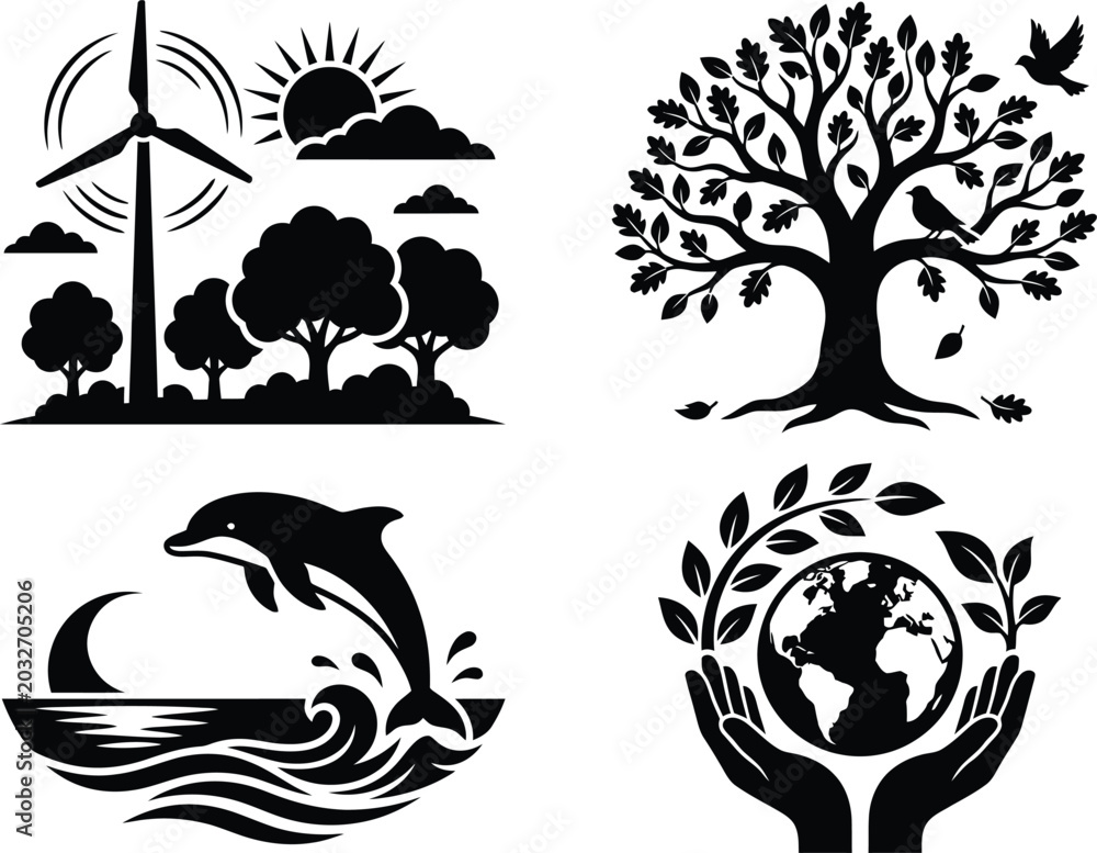 Fototapeta premium Environmental and eco friendly black and white vector icons set featuring wind turbine tree dolphin and planet earth.