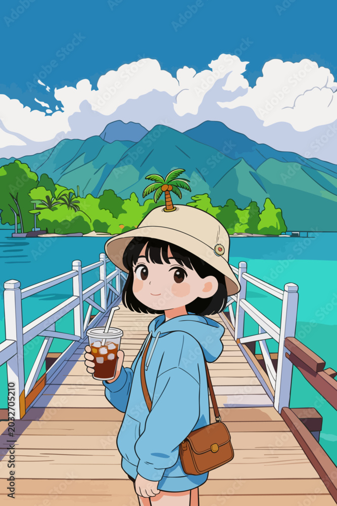 Obraz premium Cute Anime Girl Enjoying Coastal Pier Vacation