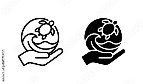 Quadro em tela Hand Holding Earth with Turtle and Wave Icons, Eco-Friendly Marine Conservation