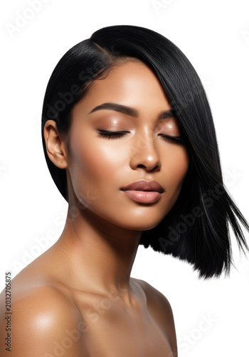A young woman with radiant dark skin and swept black hair rests her eyes in soft studio lighting against a white backdrop concept of serene beauty and grace